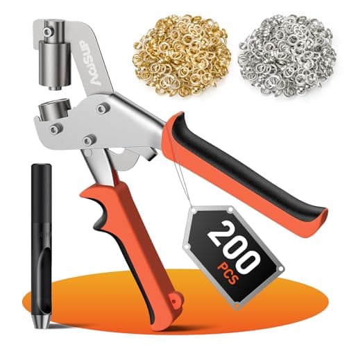Image of AojSup Eyelet Punch Kit 10mm, Magnetic Hole Punch with 200 Pcs Waterproof Coating Grommets, Eyelet Pliers Fabric Hole Punch for Punching Hole of PVC Banners, Tarpaulins, Cardboard