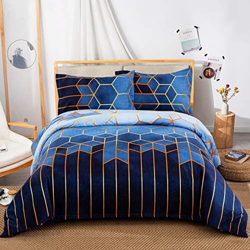 Image of DJY King Size Duvet Cover Sets, Blue Geometric Diamond Golden Stripes Bedding Set, Reversible Breathable Design with Hidden Zipper (King, 220x230cm)