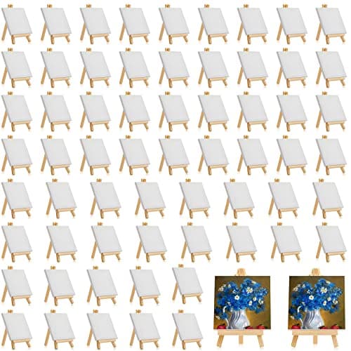 Image of Mimorou 64 Pack Mini Canvas with Easel Sets for Painting Small Art Stretched Canvas Panels Pack with Sturdy Wood Display Easel for Kids Classroom Crafts End of The Year Gifts (3 x 3 Inch)