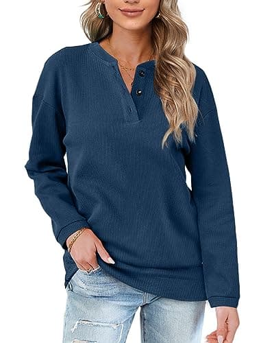 Image of Aokosor Womens Long Sleeve Tops Ladies Loose Sweatshirts with Buttons Plain Jumpers Navy Size 18-20