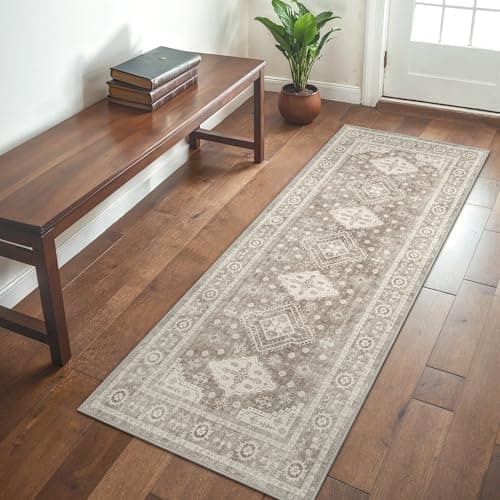 Image of GENIMO Washable Vintage Rug Runner 80x150cm – Non-Slip Floral Print Thin Carpet for Hallway, Durable Easy Clean No Pile Rug for Bedroom, Kitchen – Brown