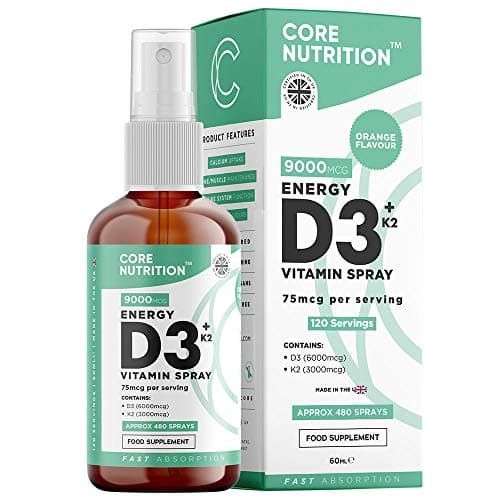 Image of Core Vitamin D3 + K2 Spray | 2000iu (50mcg) Vitamin D3 + 25mcg Vitamin K2 (MK7) High Strength | 60ml for 120 Day Supply | 100% Vegan | Natural Orange Vitamin D Spray by Core Nutrition (Single Pack)