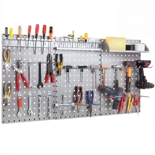 Image of COSTWAY 120 x 60cm Pegboard Organizer Kit, Wall Mounted Tool Rack with 3 Pegboards & 28 PCS Hanging Accessories, Garage Tool Storage Pegboard for DIY Workshop (Silver)