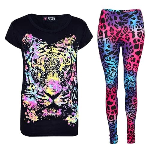 Image of A2Z 4 Kids Girls Multi Tiger Print T shirt & Leggings Set Trendy Fashion - Multi Tiger Set Black Leopard 13.2