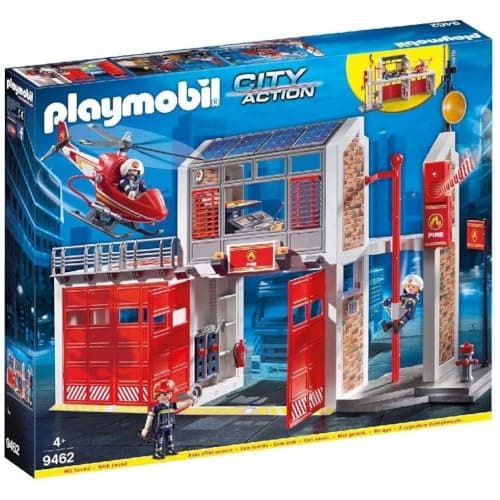 Image of Playmobil 9462 City Action Fire Station with Fire Alarm, fire fighter and helicopter toy, fun imaginative role play, playset suitable for children ages 4+