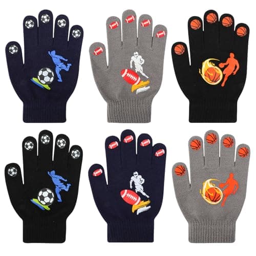 Image of QKURT 6 Pairs Kids Gloves Age 5-12, Winter Magic Gloves Children Full Finger Glove Stretchy Knitted Mitten with Basketball Soccer Sports Design for Boys Girls Outdoor Cycling Commuting