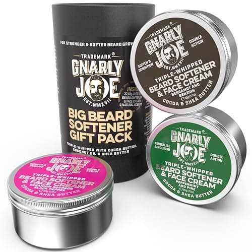 Image of Gnarly Joe Beard Softener & Face Cream Gift Pack for Men - 3 x 85g Tins (255g) - Triple-Whipped Beard Butter with Cocoa & Shea - Natural Beard Moisturiser, Cream & Conditioner - Made in UK