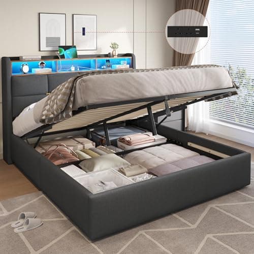 Image of DICTAC King Size Bed Frame with Hydraulic Storage,Charging Station and Led Lights King Upholstered Ottoman Bed with Headboard,5ft Lift Up Platform Storage Beds,Wood Slats,Grey-150x200cm-No Mattress