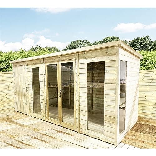 Image of 12 x 6 COMBI Pressure Treated Tongue & Groove Pent Summerhouse with Side Shed + Lock & Key (12' x 6') / (12ft x 6ft) (12x6)