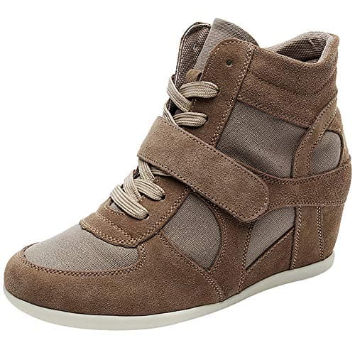Image of rismart Women's Wedge Heel Elegant Hook&Loop Comfortable Suede&Fabric Sneakers Trainers Shoes 8522(Khaki,UK3)