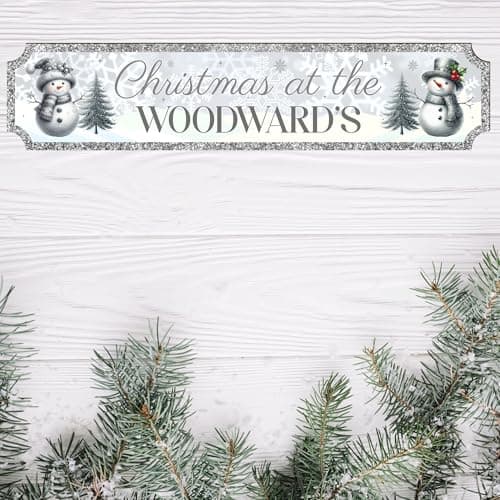 Image of Handmade Personalised Christmas Sign with 10 Designs To Suit Your Decor | 2-Line Custom Text Festive Street Sign Plaque | Ideal Family Present (Silver-Snowmen, MDF Wood - Large 440mm x 90mm)