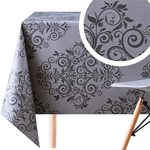 Image of KP HOME PVC Wipe Clean Table Cloth Rectangular 300x140 cm / 118x55 In - Dark Grey Poof Finish Wipeable Tablecloth up to 10 Seats - Waterproof Vinyl Oilcloth, Baroque-Orient Scrollwork Design