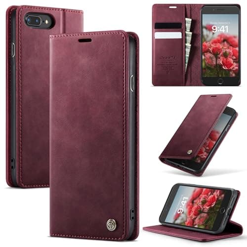Image of Cracedily Wallet Case for iPhone 6 Plus Leather Wallet Flip Cover with Card Holder, Kickstand, Magnetic Closure, RFID Blocking TPU Shockproof Phone Case Compatible with iPhone 6S Plus, Red