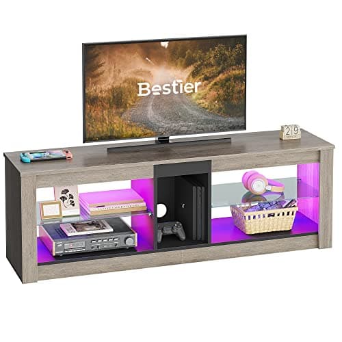 Image of Bestier TV Stand Cabinet 140CM Entertainment Center Led Tv Stand Modern TV Unit with Glass Shelf RGB LED Lighted for 55 inch TVs with Ambient Lights for Living Room Bedroom (Grey Wash)