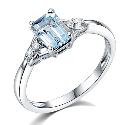 Image of Genuine Natural Sea Blue Aquamarine Gemstone Pave Diamond Solid 14ct White Gold Wedding Engagement Promise Band Ring for Women
