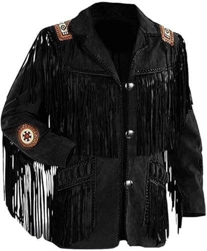 Image of Fami Sports Authentic Vintage Western Cowboy/Cowgirl Suede Leather Jacket: Fringed and Beaded Classic Style and Durability, Black, XL