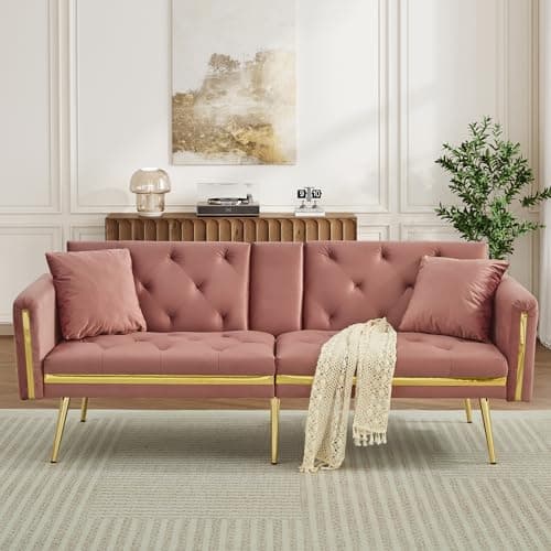 Image of ModernLuxe Sofa Bed with Adjustable Backrest, Gold Accents & Built-in Cup Holders, Convertible 2 Seater Sofa, Comfortable Space-Saving Daybed for Living Room or Bedroom, Velvet, Pink