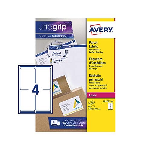 Image of Avery JamFREE, Printable, Parcel Labels, FSC Certified, 139 x 99.1mm, White, 4 per Sheet, 40 Blank Labels per Pack (L7169)