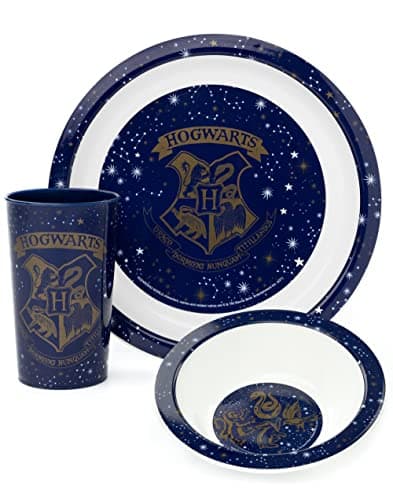 Image of Harry Potter Kids Dinnerware Set | Blue 3 Piece Tableware for Boys and Girls | PP Dinner Plate, Bowl and Tumbler Cup | Hogwarts School Logo Novelty Set | Movie Merchandise Gift for Children