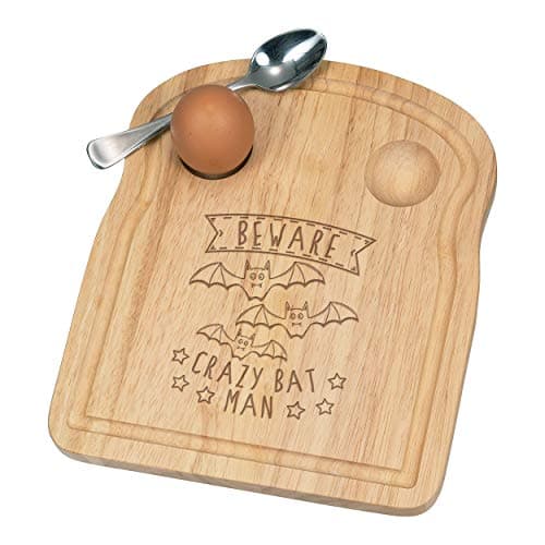 Image of Beware Crazy Bat Man Breakfast Dippy Egg Cup Board Wooden Easter