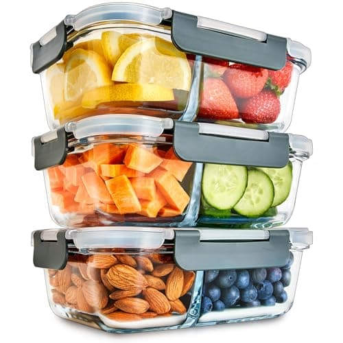 Image of Igluu Meal Prep Glass Containers with Lids (3 Pack) – 2 Compartment – Airtight & BPA-Free – Oven, Microwave, Freezer and Dishwasher Safe – 980ml – Durable Borosilicate Glass