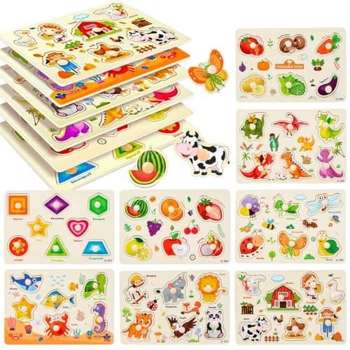 Image of Wooden Peg Puzzle for 2+ year olds, 8Pcs Baby Peg Puzzles 1+, Learning Puzzles Set- Dinosaur, Farm, Sea, Animals, Fruits, Shape, Vegetable, Insect Great Preschool Gifts for Girls Boys