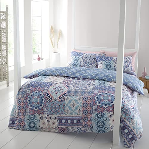Image of Catherine Lansfield Bedding Boho Patchwork Double Duvet Cover Set with Pillowcases Blue