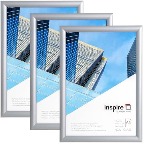 Image of inspire by Hampton Frames | A3 Snap Frame Pack of 3, Silver Aluminium, 30x42cm, Acrylic Front | Easy Snap Mechanism, Wall Mount | Secure Poster Display, Landscape or Portrait Use