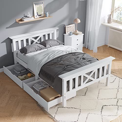 Image of Merax Single Bed Wooden Frame, Solid Pine Wood Storage Bed Frame with Drawers, 3FT Guest Bed for Adults, Kids, Teenagers, Bedroom Furniture, 90 x 190cm, White