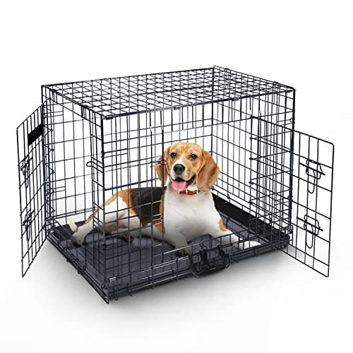 Image of FurDreams 36" Folding Dog Crate for Large Dogs - Heavy-Duty Black Metal Cage with Front & Side Doors, Chew-Resistant Plastic Tray & Carry Handle, Quick Setup (92 × 57 × 63 cm)