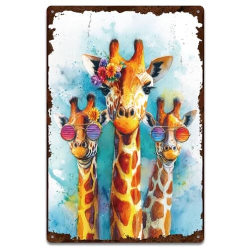 Image of SUPERDANT Three Giraffes Metal Tin Sign Retro Flower Sunglasses Animal Metal Poster Wall Art Plaque Decor Rectangle Signs for Livingroom Bars Restaurants Cafe Pubs Home Wall Art