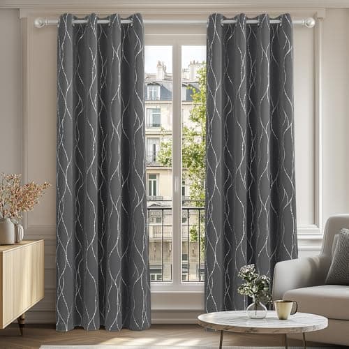 Image of Deconovo Foil Printed Line Dot Room Darkening Curtains Thermal Insulated Energy Saving Super Soft Eyelet Blackout Curtains for Bedroom 52 x 45 Inch Light Grey 2 Panels
