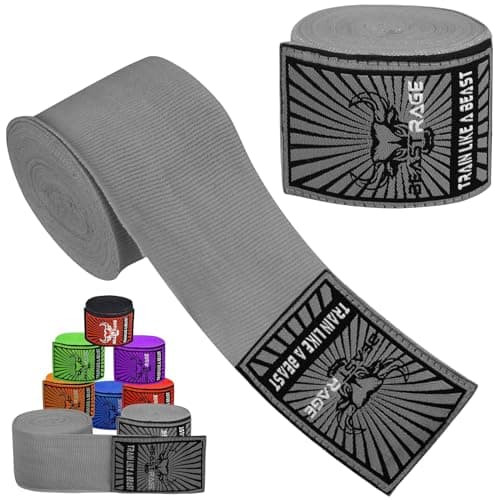 Image of BEAST RAGE Boxing Hand Wraps Men Protection MMA Support Inner Gloves Martial Arts Training Wrapper Punching Combat Sports Muay Thai, under Mitts 4.5 Meter Elasticated Bandages (4.5 M, Grey)