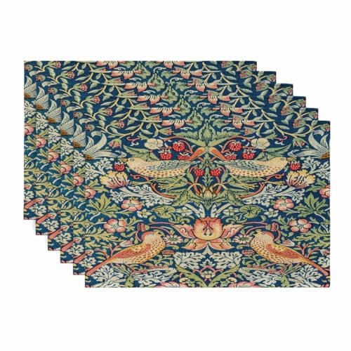 Image of WWOOPLL William Morris Linen Fabric Placemats Set of 6, Table Mats for Kitchen Decor, Durable, Stain-Resistant, Machine Washable & Reusable, Perfect for Parties, 45x30cm (Strawberry Thief)