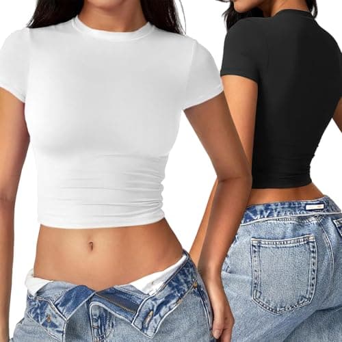 Image of Sahunfri 2 Packs Women's Slim-Fit Crop Top, Crew Neck Crop Tops for Women, Basic Tops Women for Club Party Casual Outfits Shirt (UK, Alpha, M, Regular, Regular, Standard, Black+White)
