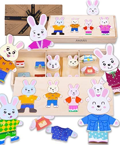 Image of Safe Wooden Puzzle Rabbit Family Dress-Up | UKCA Tested Jigsaw for 3-5 Year Olds | Toddler Puzzles for Girls & Boys | Premium Wooden Animal Toys by Jaques of London