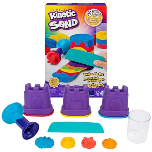 Image of Kinetic Sand, Rainbow Mix Set with 3 Colours of Kinetic Sand (382g) and 6 Tools, for Kids Aged 3 and Up