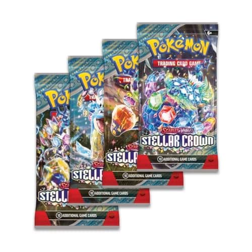Image of Pokémon TCG Stellar Crown Booster Packs x4 – Official Scarlet & Violet Cards | Gift for Kids, Collectors and Pokémon Fans | Chance for EX, Ultra Rare and Gold Cards | Titan Authenticated