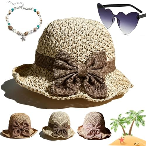 Image of Gienslru Versatile Retro Woven Handmade Straw Hat with Ruffled Bow, Flower Shape Cloche Hat, Uv Protection Ruffle Wide Brim Straw Bucket Hats, Foldable Breathable Travel Beach (Beige)