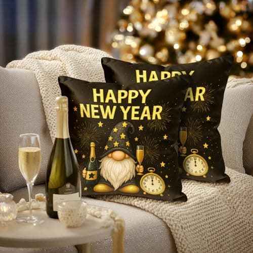 Image of HOMETITUTE Set of 2 Happy New Year Gnome Throw Pillow Covers 18x18 Inch Fireworks Champagne Clock Cushion Covers Rustic Farmhouse Holiday Winter Pillow Cases for Sofa Couch Bed Home Decor