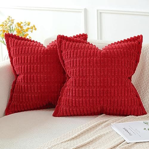 Image of Artscope Red Cushion Covers Set of 2 Corduroy Decorative Square Striped Pillowcase with Stitched Edge Pillow Covers 40x40cm for Home Decor Sofa Bedroom Car
