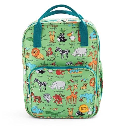 Image of Tyrrell Katz Jungle Printed Backpack in Green - Double Zip Kids School Rucksack with Bottle Pocket, Twin Handles & Adjustable Straps · Fits A4 Books · Made from Recycled Polyester