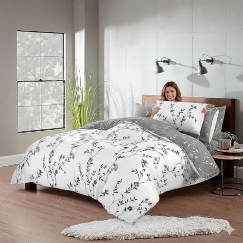 Image of White Double Duvet Set - Premium Brushed Microfiber Duvet Cover & Pillow Cases Super Soft Bedding Sets Breathable Reversible Silver Grey Quilt Covers, Machine Wasable (Double, Grey Floral)