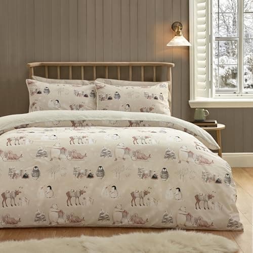 Image of Catherine Lansfield Winter Friends Sherpa King Duvet Cover Set with Pillowcases Natural