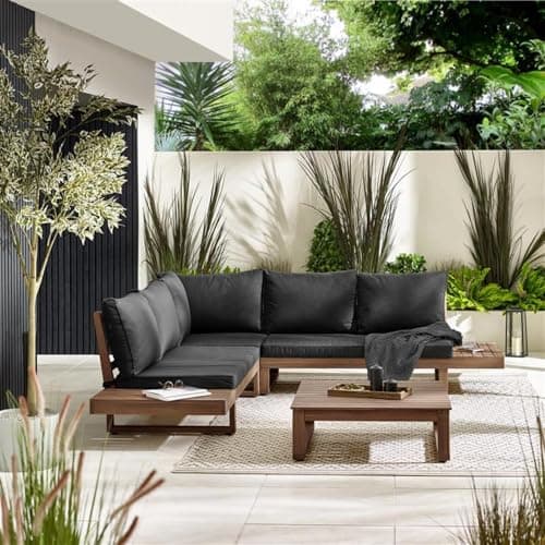 Image of Furniturebox 6 Seat Solid Acacia Wood Corner Sofa - Dark Walnut & Black Cushions - Built-in Tables & Coffee Table, 236x188cm - Brisa Collection