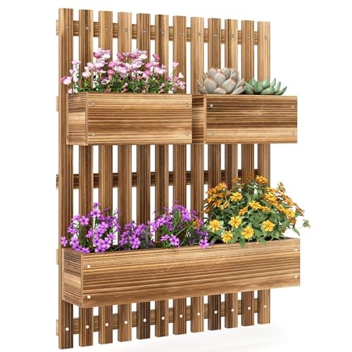 Image of Outsunny Wall-mounted Wooden Garden Planters with Trellis, Drainage Holes and 3 Movable Planter Boxes, Wall Raised Garden Bed for Patio, Carbonised