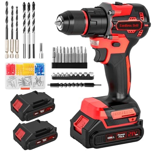 Image of Brushless Cordless Hammer Drill Set, 21V Impact Drill Driver and Screwdriver Set with 2 Batteries, 25+3, 10mm Heave Duty DrillChuck, 2 Speed Power Combi Battery Drill Set with 87 Accessories for DIY