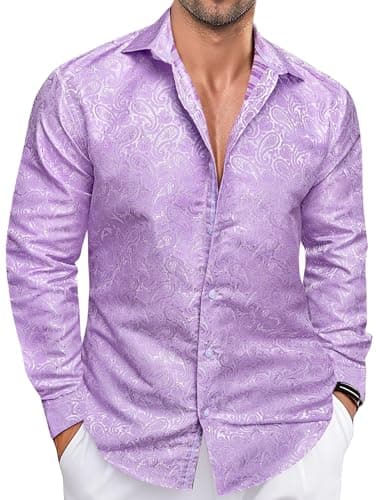 Image of Ailisus Mens Lilac Shirts Long Sleeve Button UP Vintage Paisley Floral Silk Shirt Wedding Party Casual Costume Designer XL