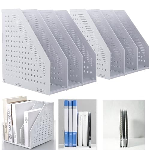 Image of Marte Vanci Collapsible Magazine File Holder Desktop Book Organiser Lever Arch File Storage Folder Document Rack Divider Adjustable for Office School Desk Shelves 3 Compartment (Light Grey 2 Pcs)