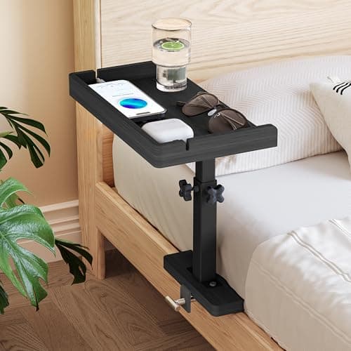 Image of Wealone Adjustable Bedside Shelf for Bed, College Dorm Room Essentials, Bamboo Bed Side Tray Table with Sturdy Metal Pole, Clip On Nightstand Organizer for College, Apartment, Bunk Beds